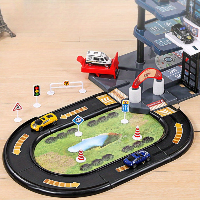 FirePark Garage Playset – Multi-Level Fire Station with Fire Trucks & Traffic Signs for Adventurous Kids