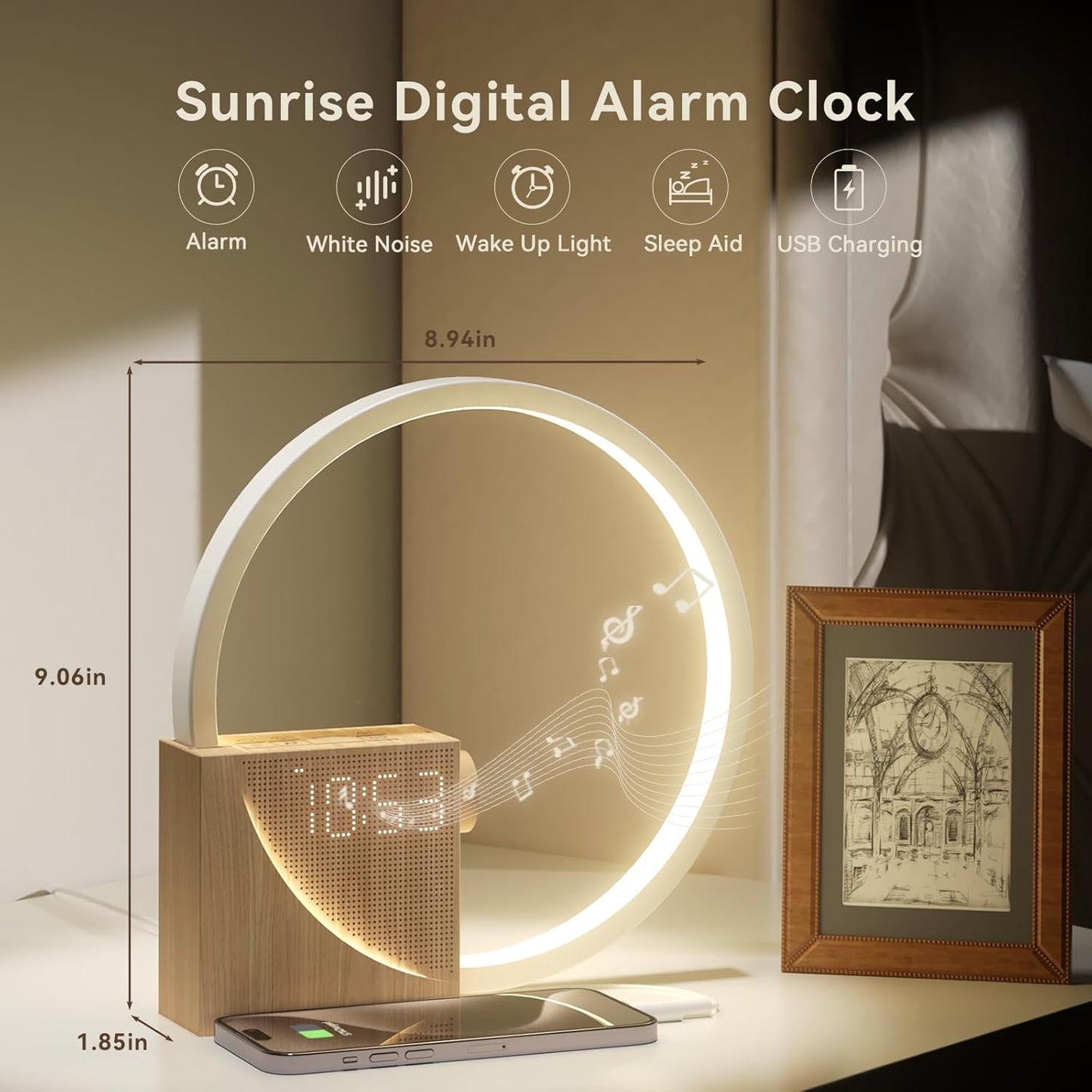 Smart Snooze – Sunrise Simulation Alarm Clock with Dimmable Touch Lamp & Soothing Sounds
