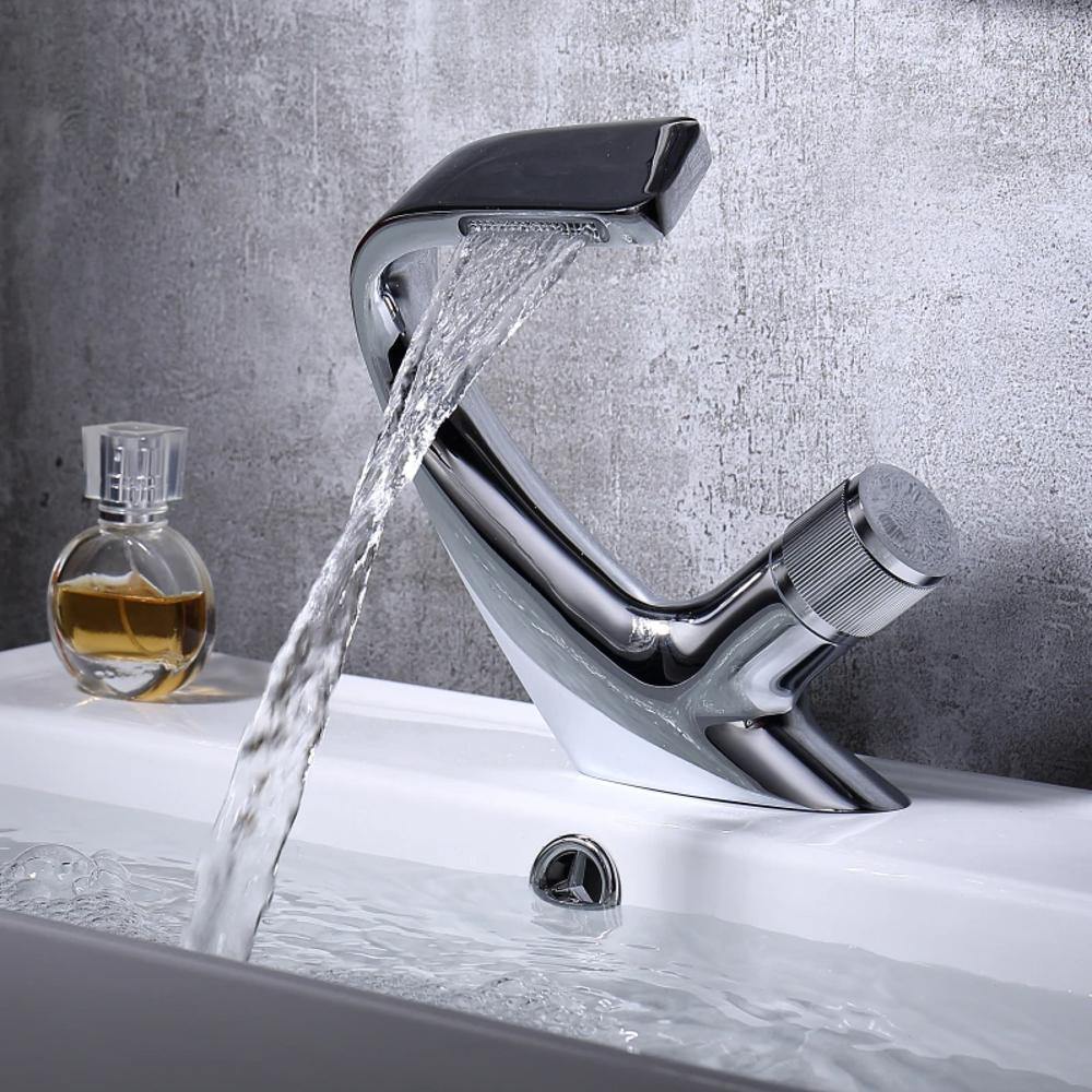 AQUACASCADE Basin Tap – Modern Waterfall Bathroom Mixer Tap in Solid Brass