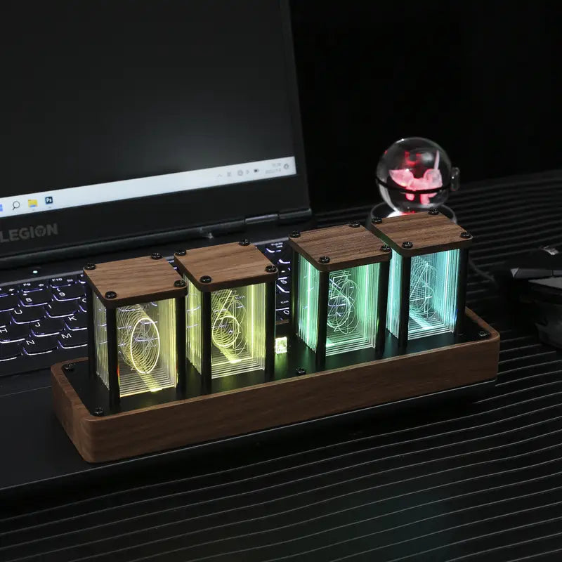 Retro Tube Digital Clock with Wi-Fi Time Sync & Walnut Wood Finish – USB Powered LED Display
