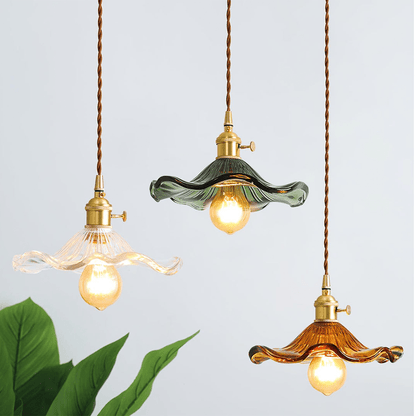 Elegant Hibiscus Flower Pendant Light – Glass & Brass Hanging Lamp