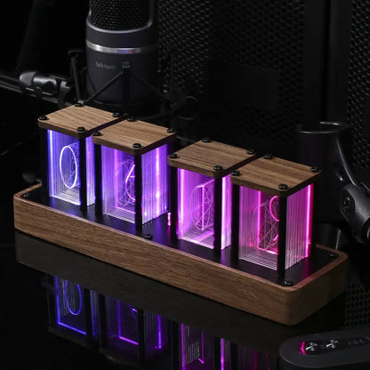 Retro Tube Digital Clock with Wi-Fi Time Sync & Walnut Wood Finish – USB Powered LED Display