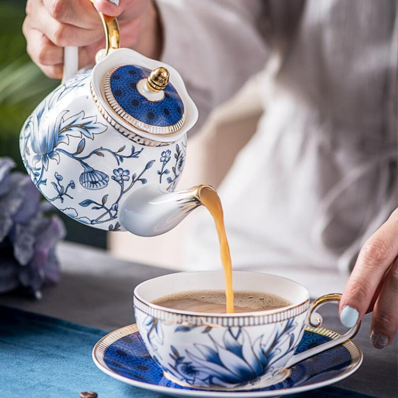 English Blue Floral Porcelain Tea for One Set – Elegant Teapot, Cup & Saucer Set
