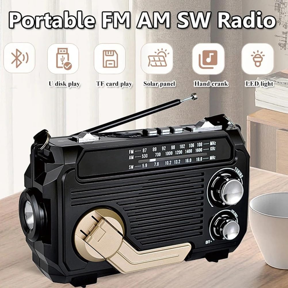 SafeWave Emergency Radio with Built-in Power Bank – Hand Crank, Solar & USB Charging, AM/FM, LED Torch & SOS Alert
