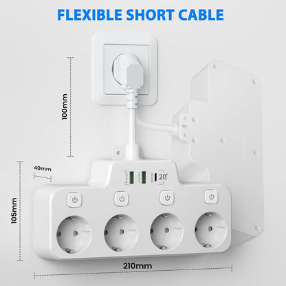 Swivel Wall-Mounted Power Strip with Independent Switches – 3 Outlets + 2 USB-A + 1 USB-C Ports