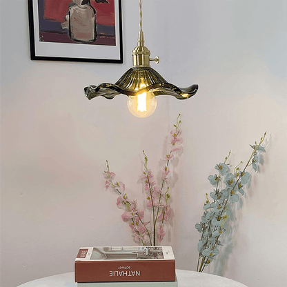 Elegant Hibiscus Flower Pendant Light – Glass & Brass Hanging Lamp