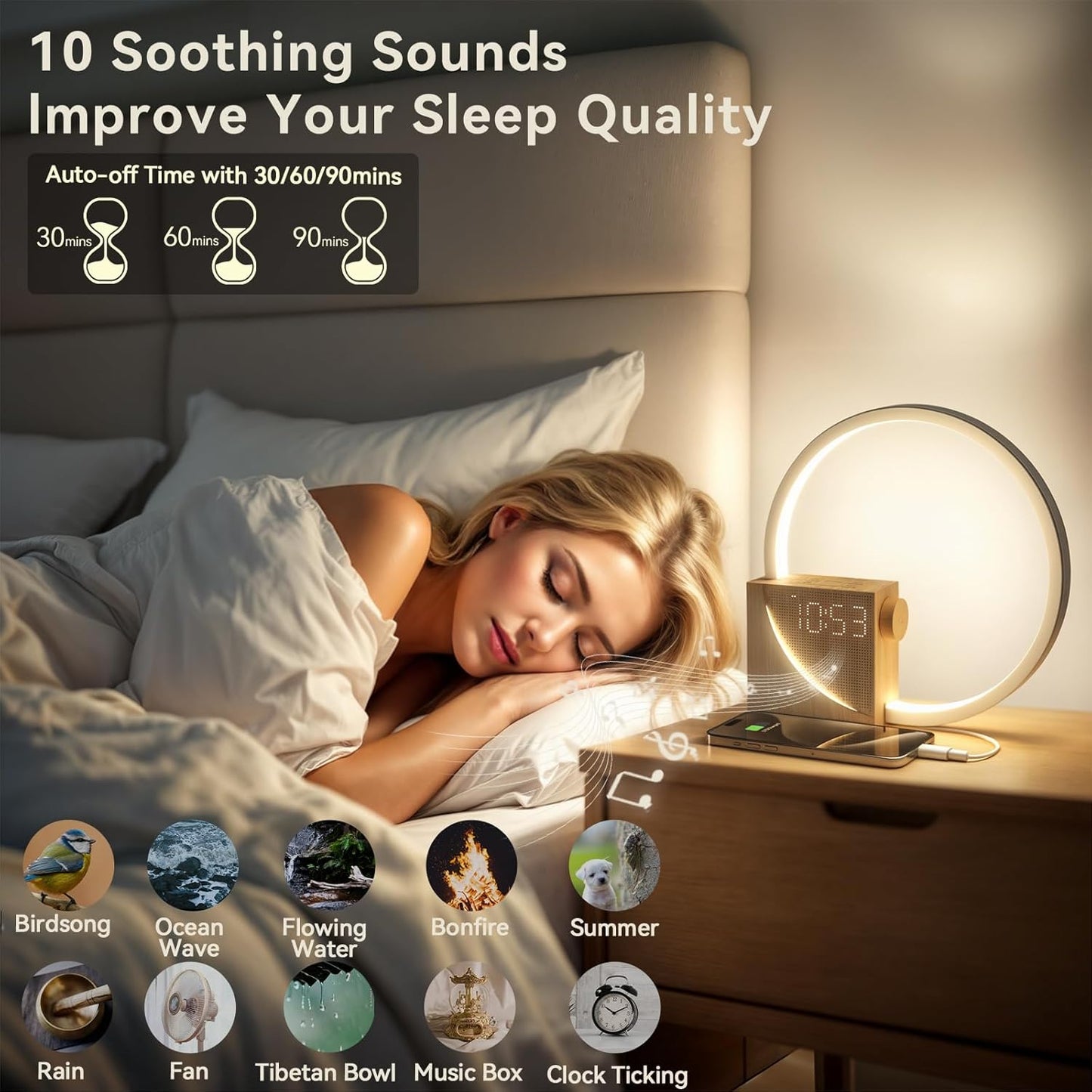 Smart Snooze – Sunrise Simulation Alarm Clock with Dimmable Touch Lamp & Soothing Sounds