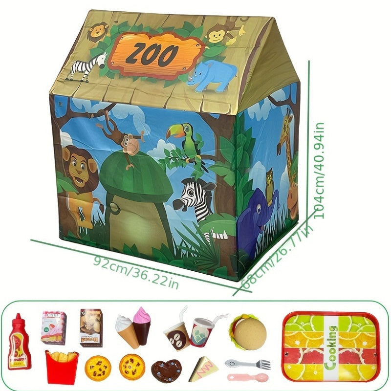 Safari Jungle Play Tent – Animal-Themed Kids Playhouse with Burger Toy Set