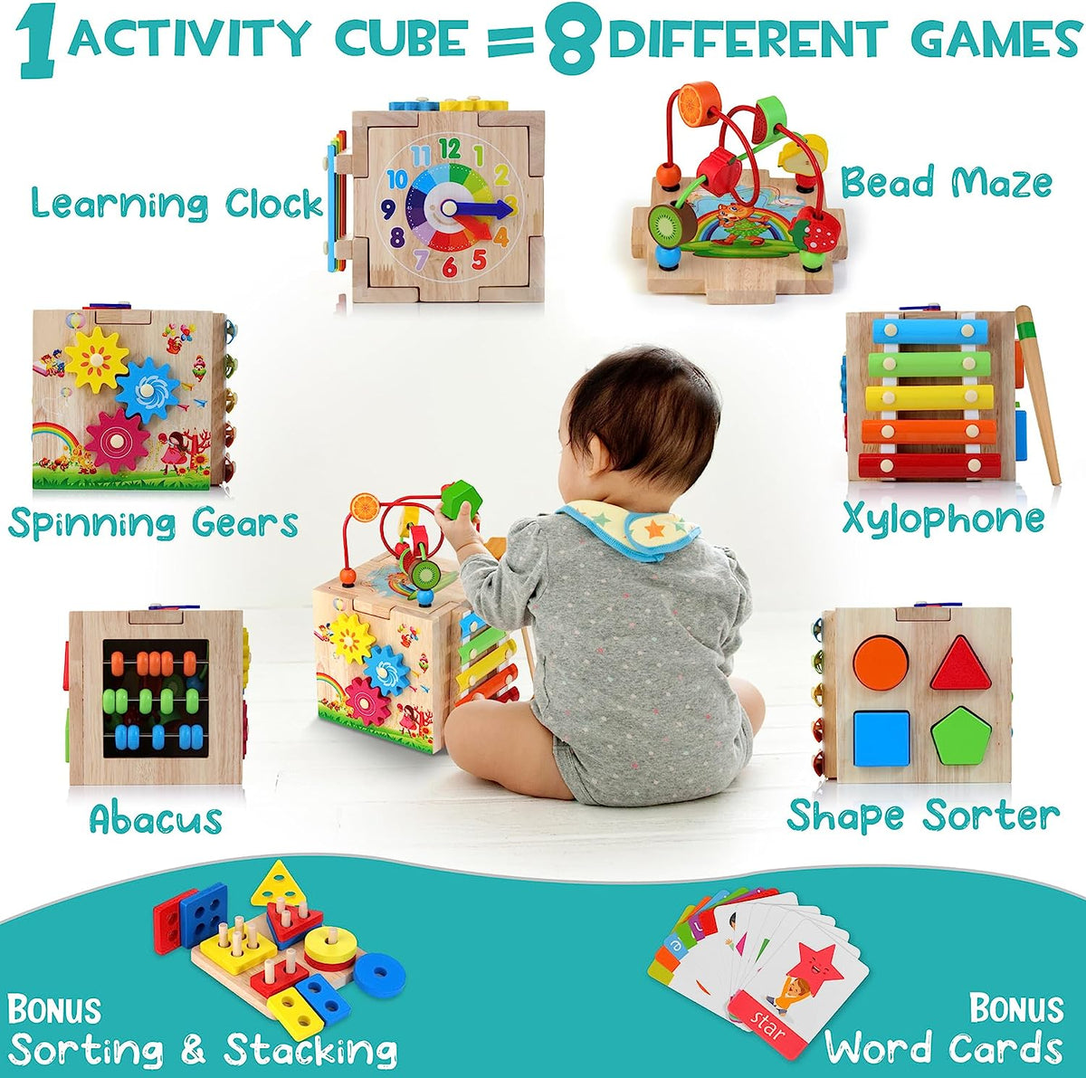 Edcube Learning Center EduCube 8-in-1 Montessori Wooden Activity Cube – Educational Toy for ...
