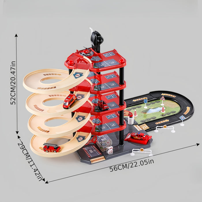 FirePark Garage Playset – Multi-Level Fire Station with Fire Trucks & Traffic Signs for Adventurous Kids