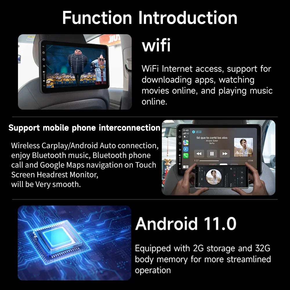Bluetooth Car Headrest Screen | Ultra-HD Rear Seat Entertainment System