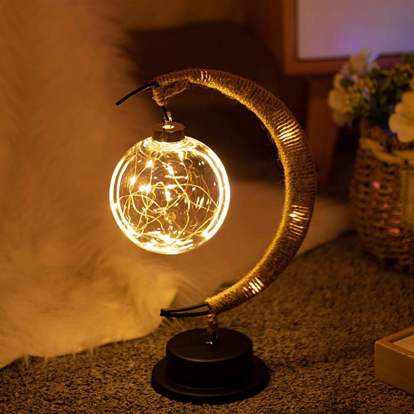 LunaGlow | Luxury Crescent Moon Rattan Table Lamp – Handcrafted Boho Light