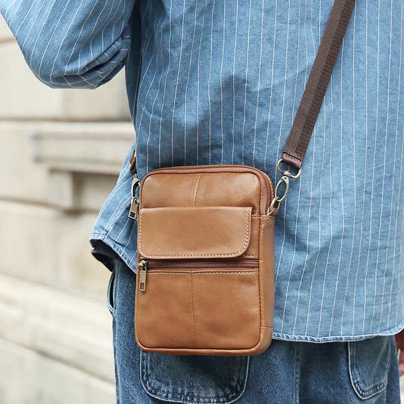 Men’s Small Genuine Leather Shoulder Bag – Compact Crossbody with Adjustable Strap