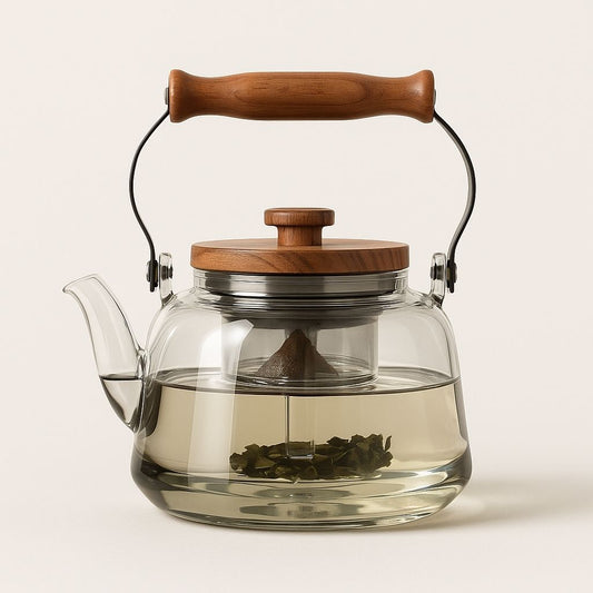 Zoie Glass Teapot with Infuser – Heat-Resistant 1000ml Borosilicate Kettle with Wooden Handle