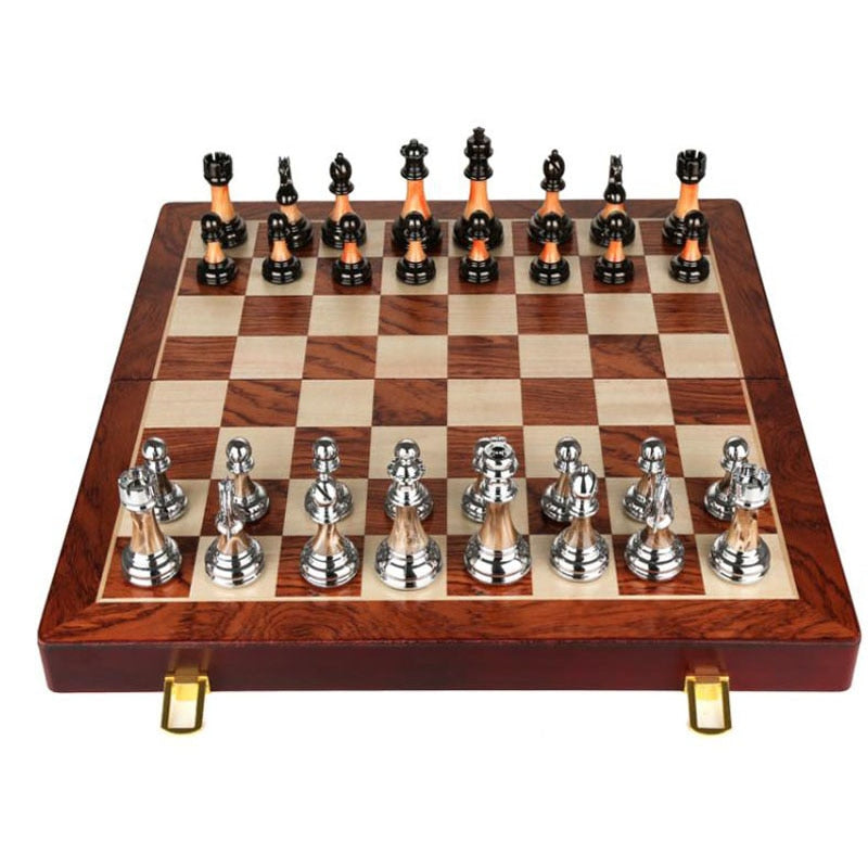 Luxury Metal Chess Set with 45cm Wooden Board – Premium Decorative Game Set