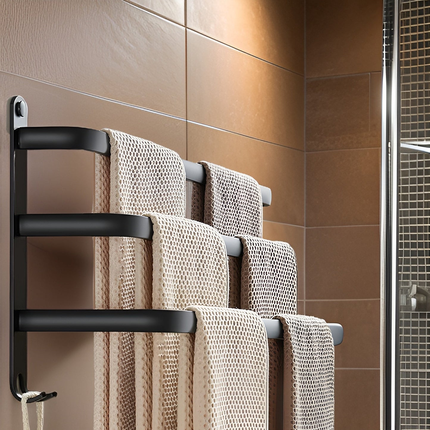 HangEase 3-Layer Towel Holder – Black Wall-Mounted Aluminium Rack Without Drilling
