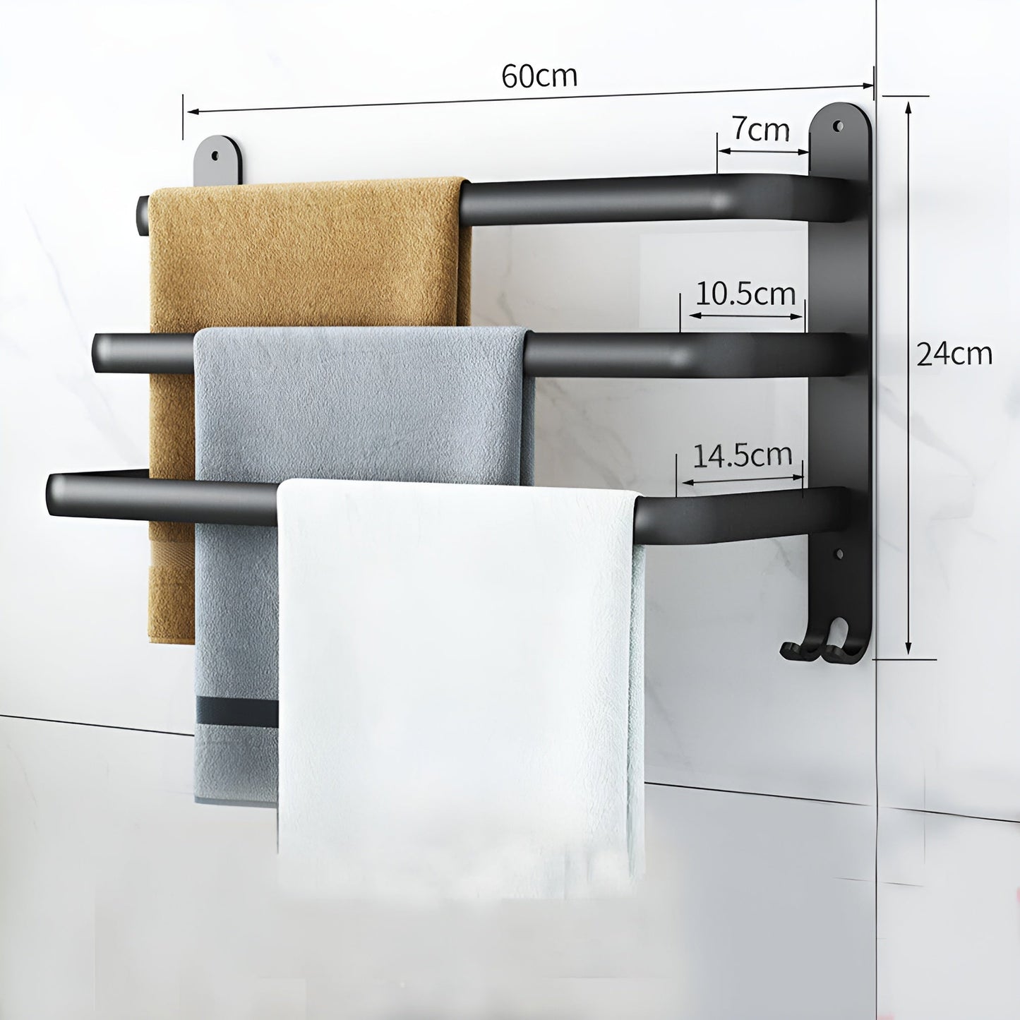 HangEase 3-Layer Towel Holder – Black Wall-Mounted Aluminium Rack Without Drilling