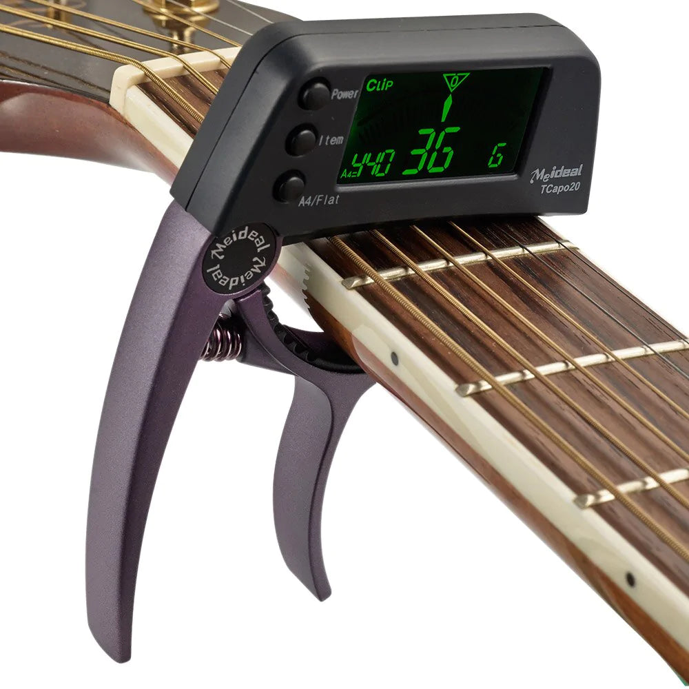 2-in-1 Guitar Capo and Tuner – Clip-On Digital Tuner for Acoustic, Electric, Bass, Ukulele & More