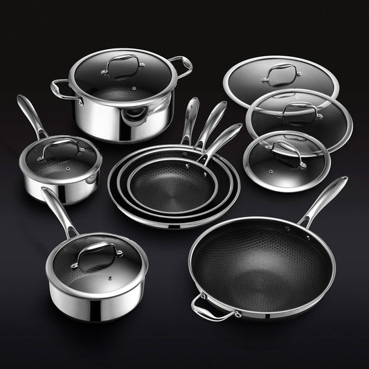13-Piece HexClad Hybrid Cookware Set with Lids – Non-Stick, Stainless Steel & Cast Iron Fusion