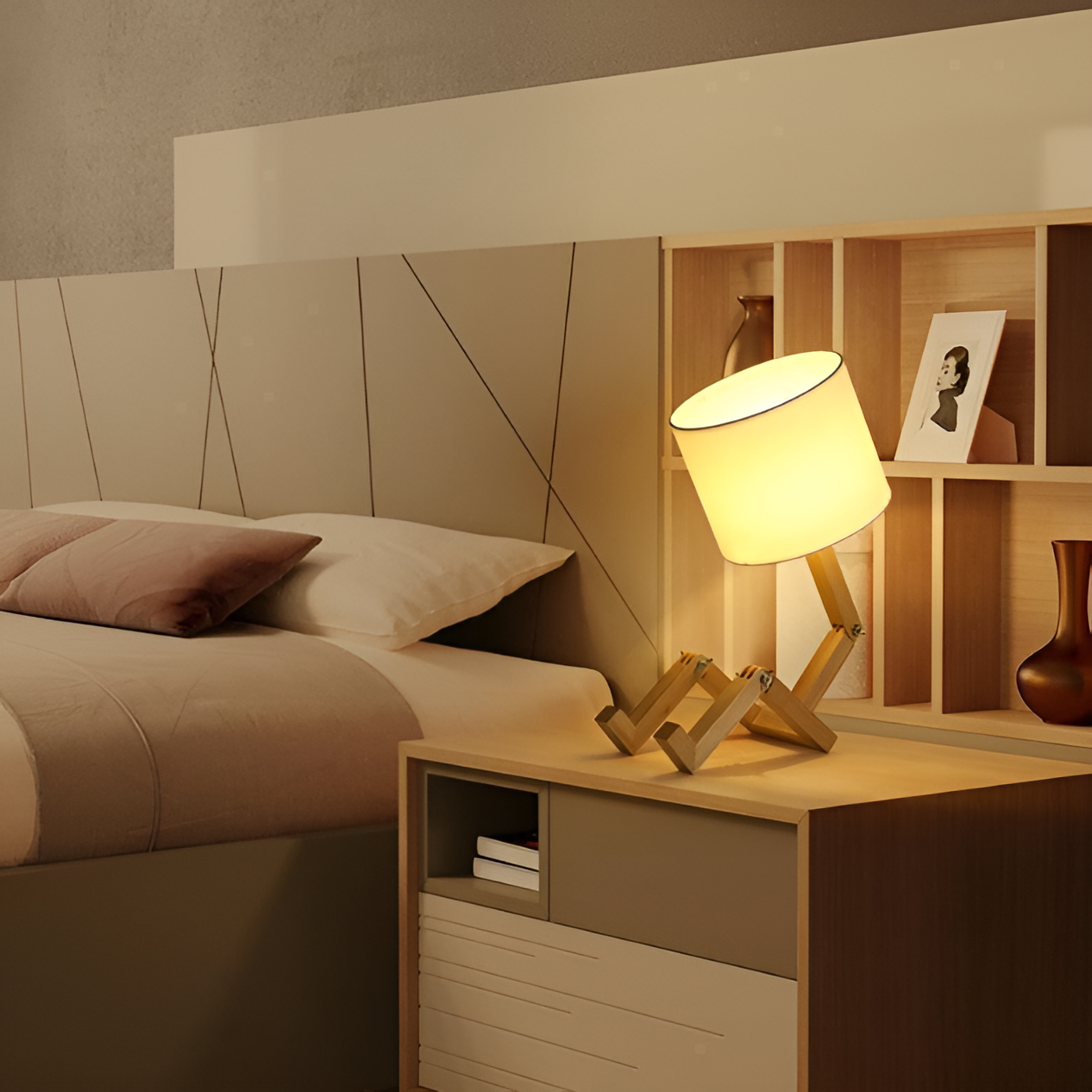 Flexible WoodMan Desk Lamp – Adjustable Solid Wood Robot Lamp with Book Holder
