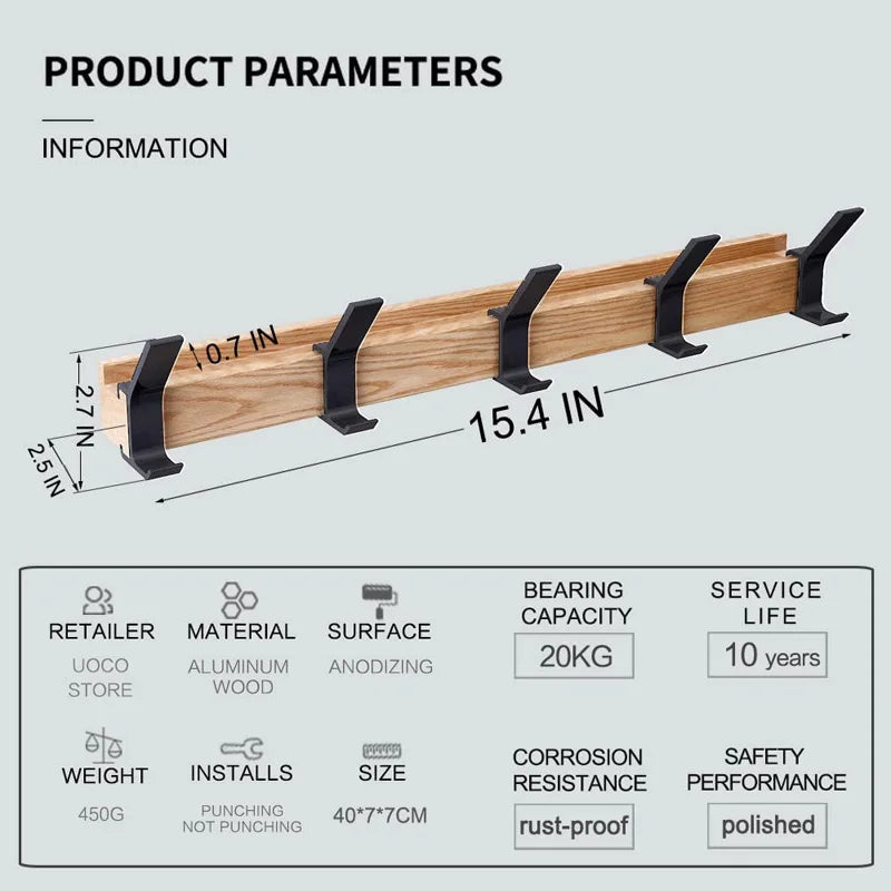Wall-Mounted Coat Rack with Movable Double Hooks – Black Nordic Design – Wood & Aluminium – 40x7x7cm