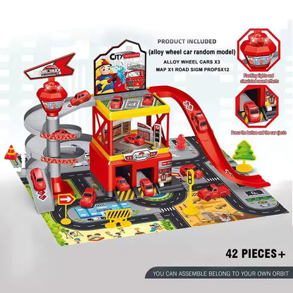 FirePark Garage Playset – Multi-Level Fire Station with Fire Trucks & Traffic Signs for Adventurous Kids