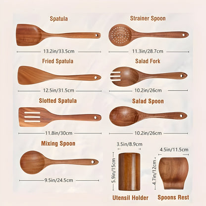 Premium Teak Wood Kitchen Utensil Set – 9-Piece Eco-Friendly Cooking Tools with Holder