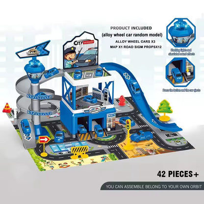 FirePark Garage Playset – Multi-Level Fire Station with Fire Trucks & Traffic Signs for Adventurous Kids