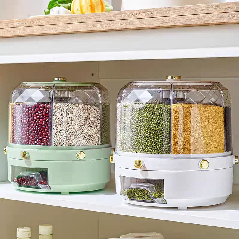 360° Rotating Food Storage Container with 6 Airtight Compartments – Dry Food & Rice Dispenser