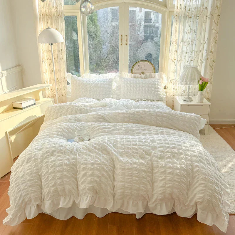ELENA – Romantic Ruffled Bedding Set | Elegant Seersucker Duvet Cover Set