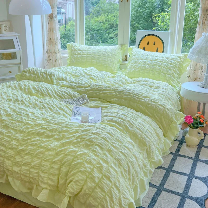 ELENA – Romantic Ruffled Bedding Set | Elegant Seersucker Duvet Cover Set