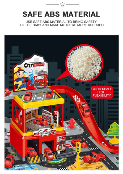 FirePark Garage Playset – Multi-Level Fire Station with Fire Trucks & Traffic Signs for Adventurous Kids