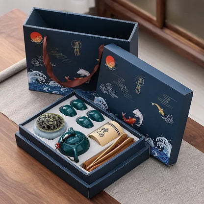 Traditional Chinese Ceramic Tea Set with Incense Burner – 4 Cup Portable Gongfu Set