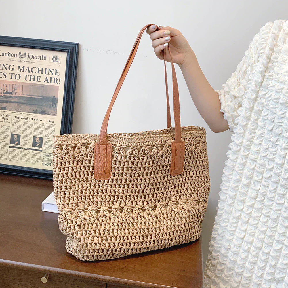 Genevieve | Chic Straw Tote Bag with Genuine Leather Straps – Elegant Summer Handbag