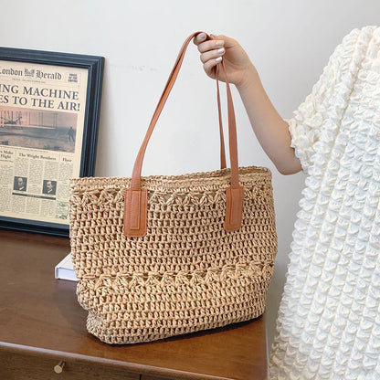 Genevieve | Chic Straw Tote Bag with Genuine Leather Straps – Elegant Summer Handbag