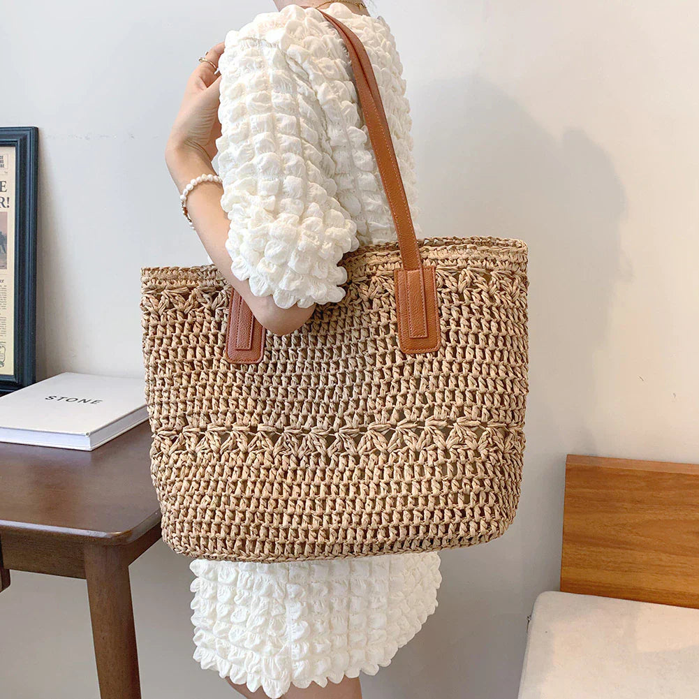 Genevieve | Chic Straw Tote Bag with Genuine Leather Straps – Elegant Summer Handbag