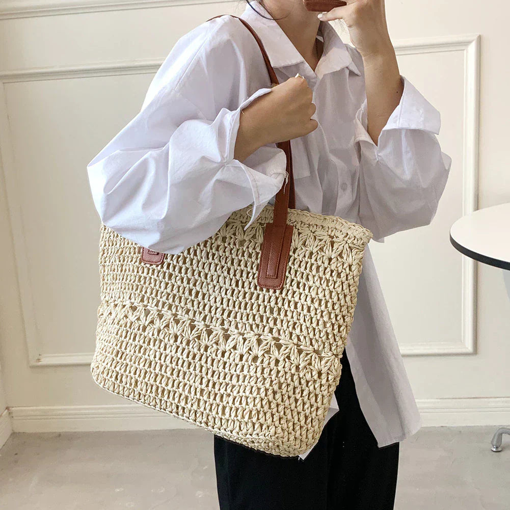 Genevieve | Chic Straw Tote Bag with Genuine Leather Straps – Elegant Summer Handbag