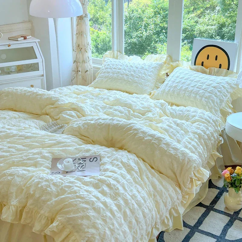 ELENA – Romantic Ruffled Bedding Set | Elegant Seersucker Duvet Cover Set