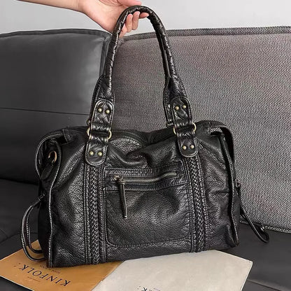 Luxury Black Retro Shoulder Bag – Washed Leather Look with Adjustable Crossbody Strap