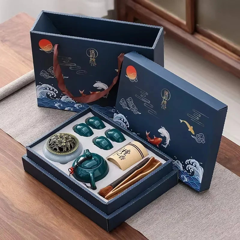 Traditional Chinese Ceramic Tea Set with Incense Burner – 4 Cup Portable Gongfu Set