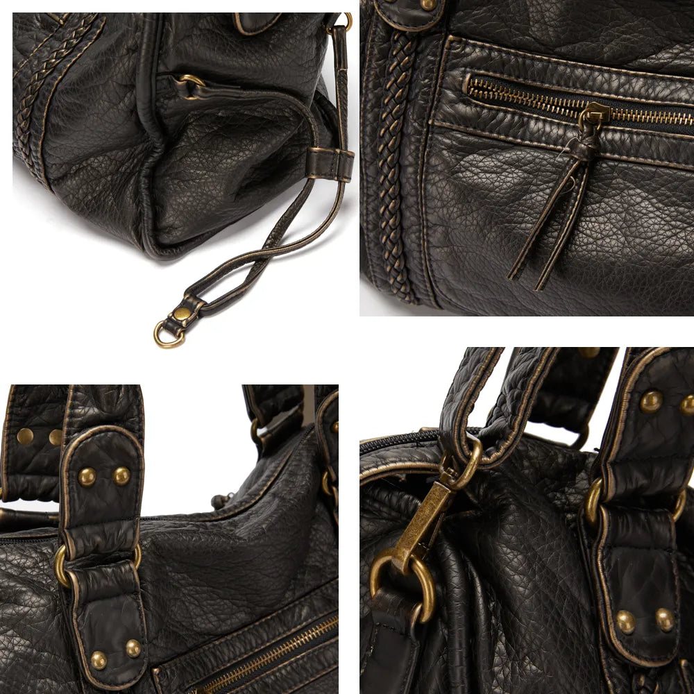 Luxury Black Retro Shoulder Bag – Washed Leather Look with Adjustable Crossbody Strap