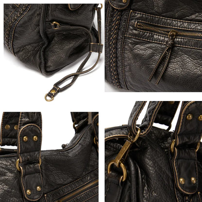 Luxury Black Retro Shoulder Bag – Washed Leather Look with Adjustable Crossbody Strap