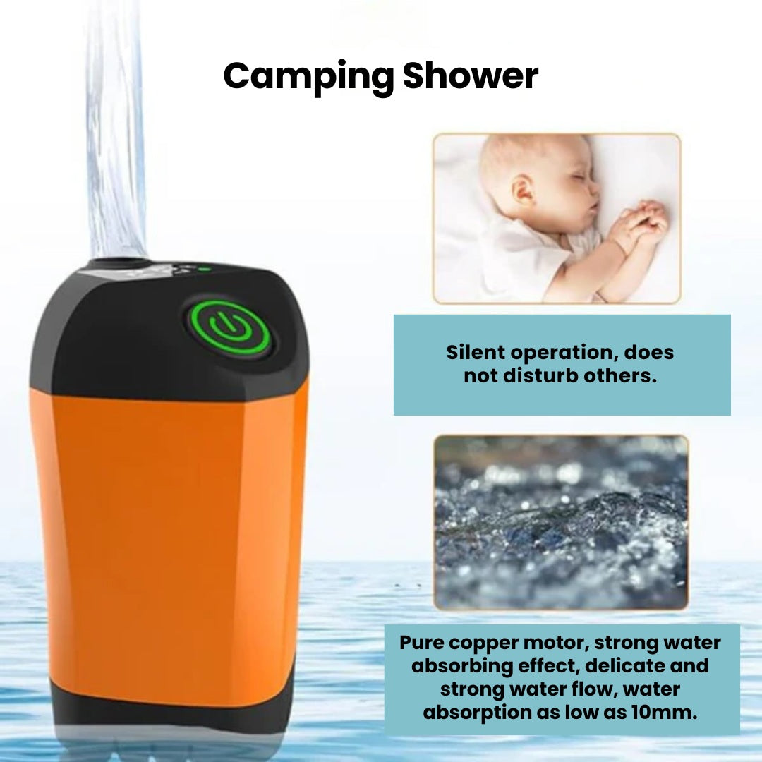 Portable Camping Shower with Pump – USB Rechargeable, 4400mAh Battery, Compact & Easy Setup