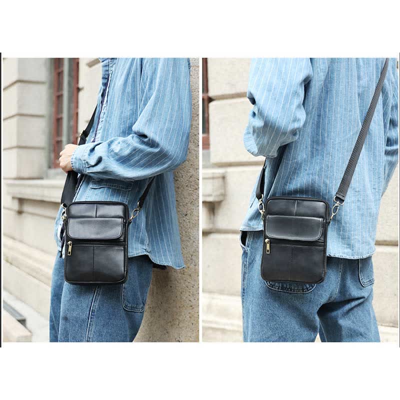 Men’s Small Genuine Leather Shoulder Bag – Compact Crossbody with Adjustable Strap