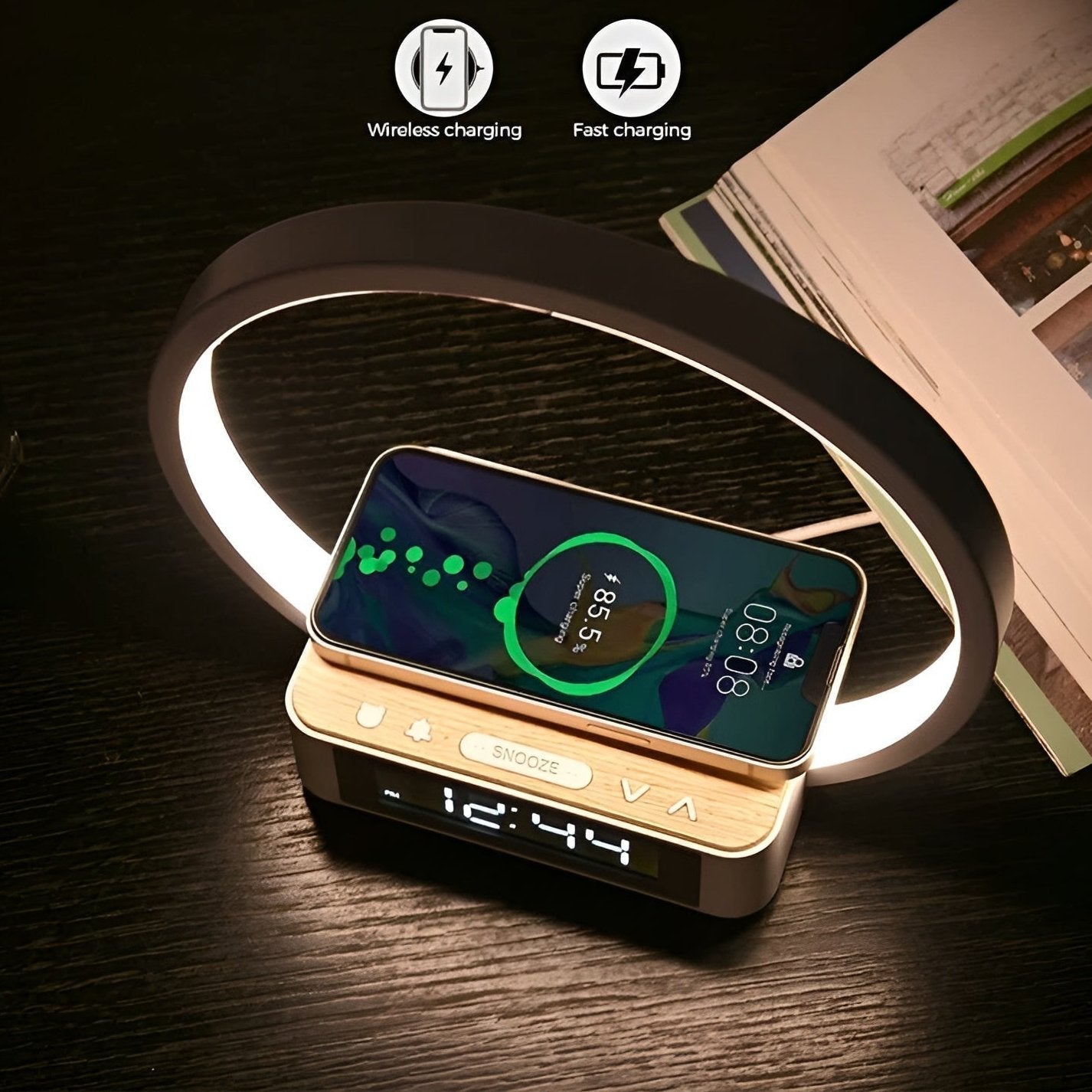 GlowMax 3-in-1 LED Table Lamp – Wireless Charger, Alarm Clock & Touch Control