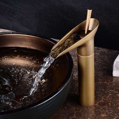 Antique Brass Waterfall Basin Tap – Vintage Bathroom Mixer Faucet with Hot & Cold Control