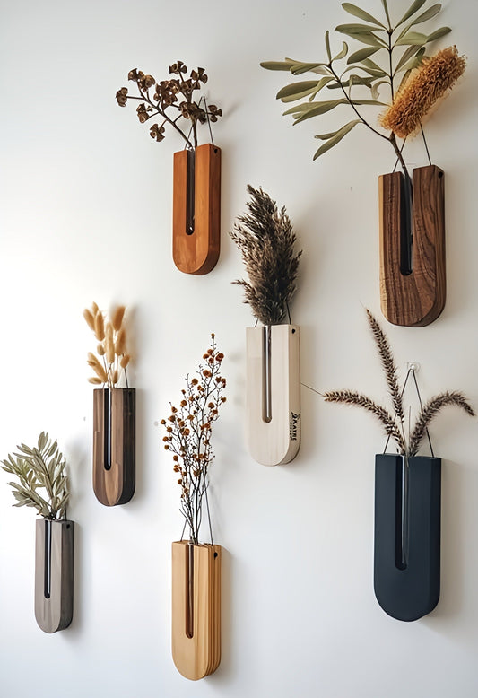 WoodFlora | Rustic Wooden Wall Flower Holder Set – Creative Plant Display for Indoor Spaces