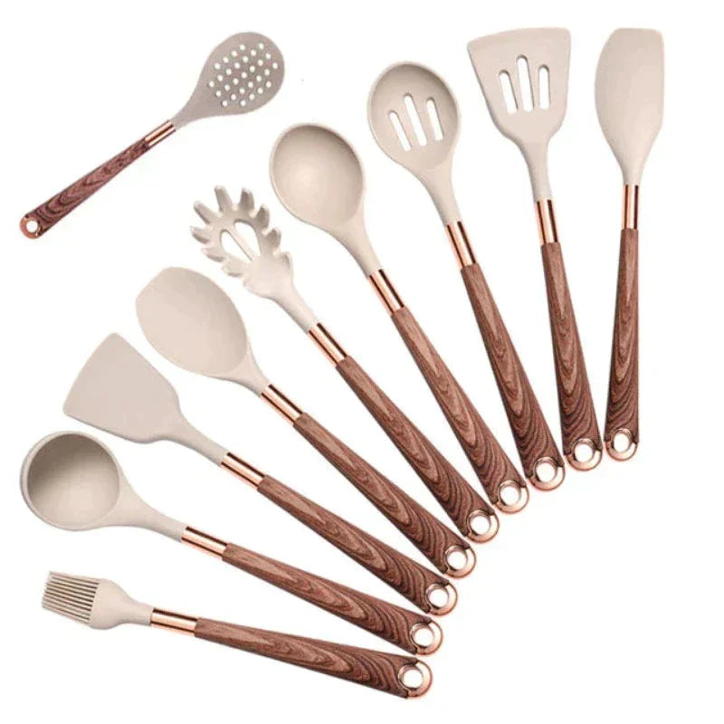 10-Piece Premium Silicone Kitchen Utensil Set with Wooden Handles – Heat-Resistant & Non-Stick Safe