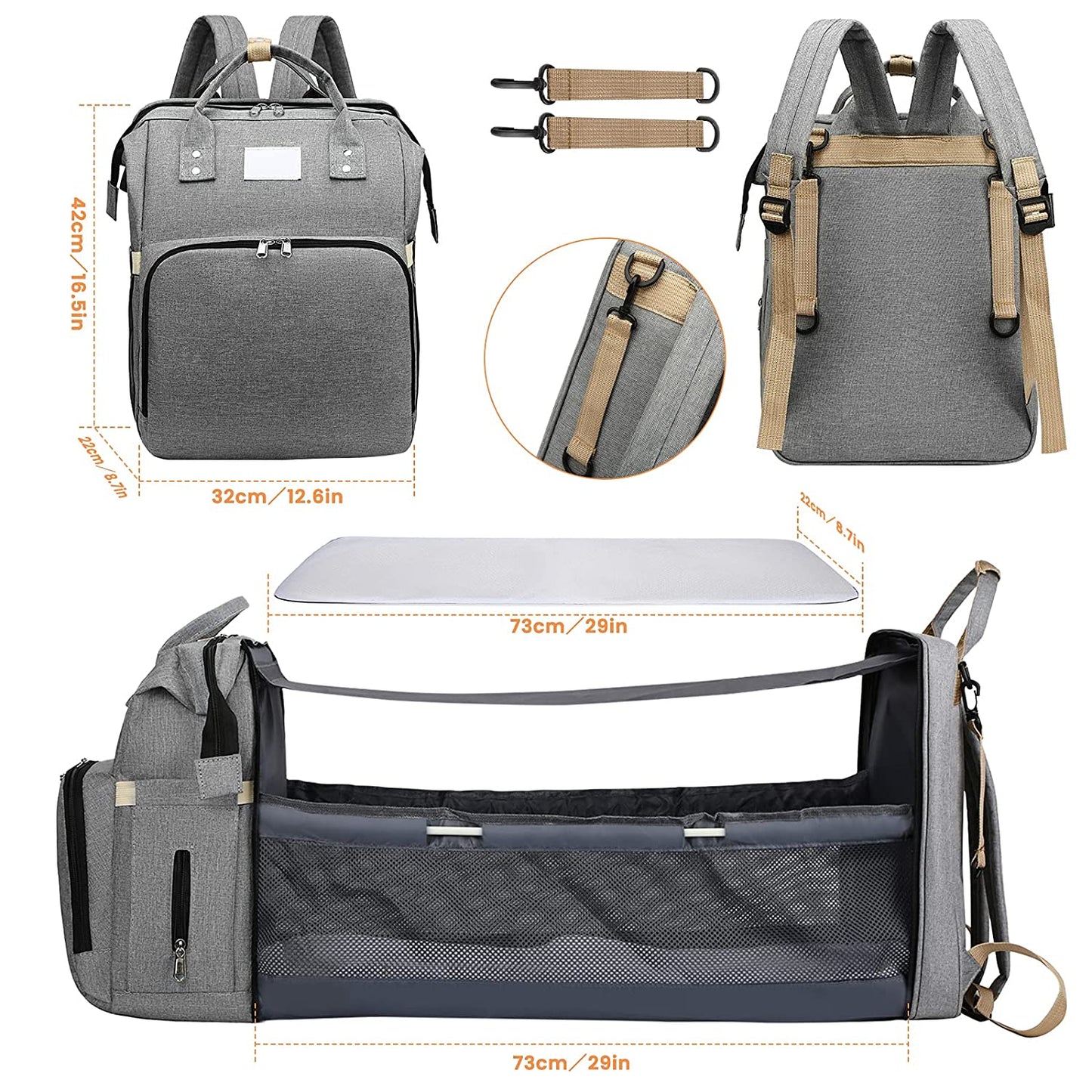 All-in-One Smart Mummy Nappy Bag with Foldable Baby Bed – USB Charging & Waterproof Design