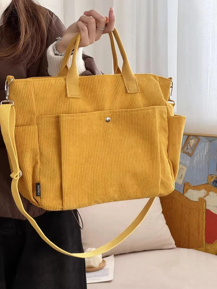 Cream Corduroy Shoulder Bag with Adjustable Strap